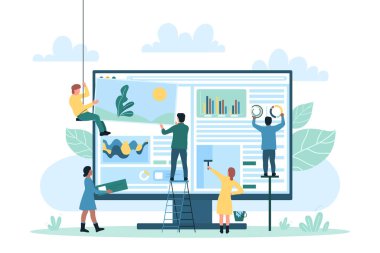 Web software and application, process and technology of user interface creation. Cartoon tiny managers create and build app, make creative blog design on computer screen flat vector illustration