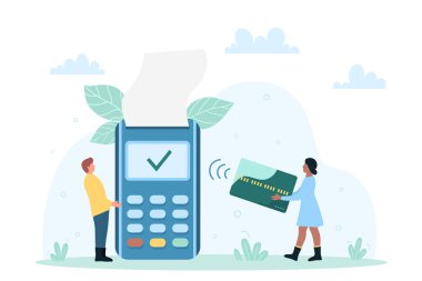 Contactless cashless wireless payment with POS terminal vector illustration. Cartoon tiny customers pay online for purchases, man and woman holding credit card with chip and digital machine with bill
