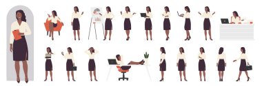 Cartoon young female clerk in formal outfit presenting documents and business vision, showing various poses. African american black busy businesswoman character in office work set vector illustration