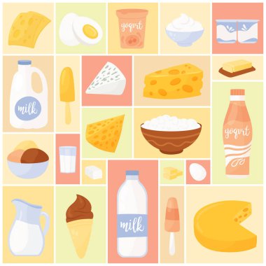Dairy products set vector illustration. Cartoon milk in bottle and glass, package with fresh yoghurt, cottage cheese in bowl and ice cream, curd for healthy eating in geometric collage background