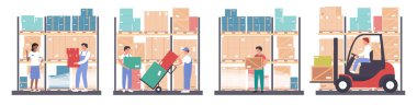 Factory warehouse with workers set vector illustration. Cartoon people carry boxes with goods, loading with forklift, control of working process by manager isolated white. Merchandise, storage concept