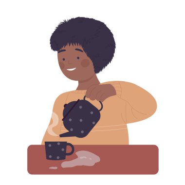 Kid pouring hot tea in mug. Warm beverage, coffee break time vector illustration