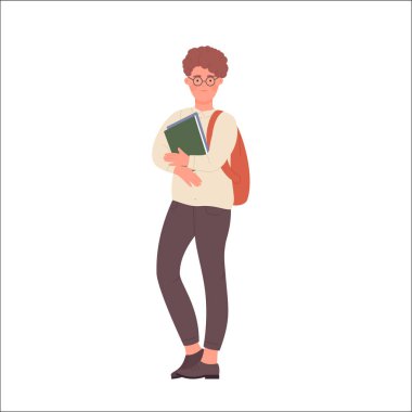 Nerd boy with backpack and books. Geeky teenager student ready to school vector illustration
