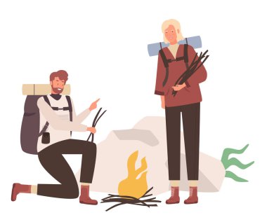 Tourists couple making camping fire. Hikers at bonfire, travel burning campfire vector illustration