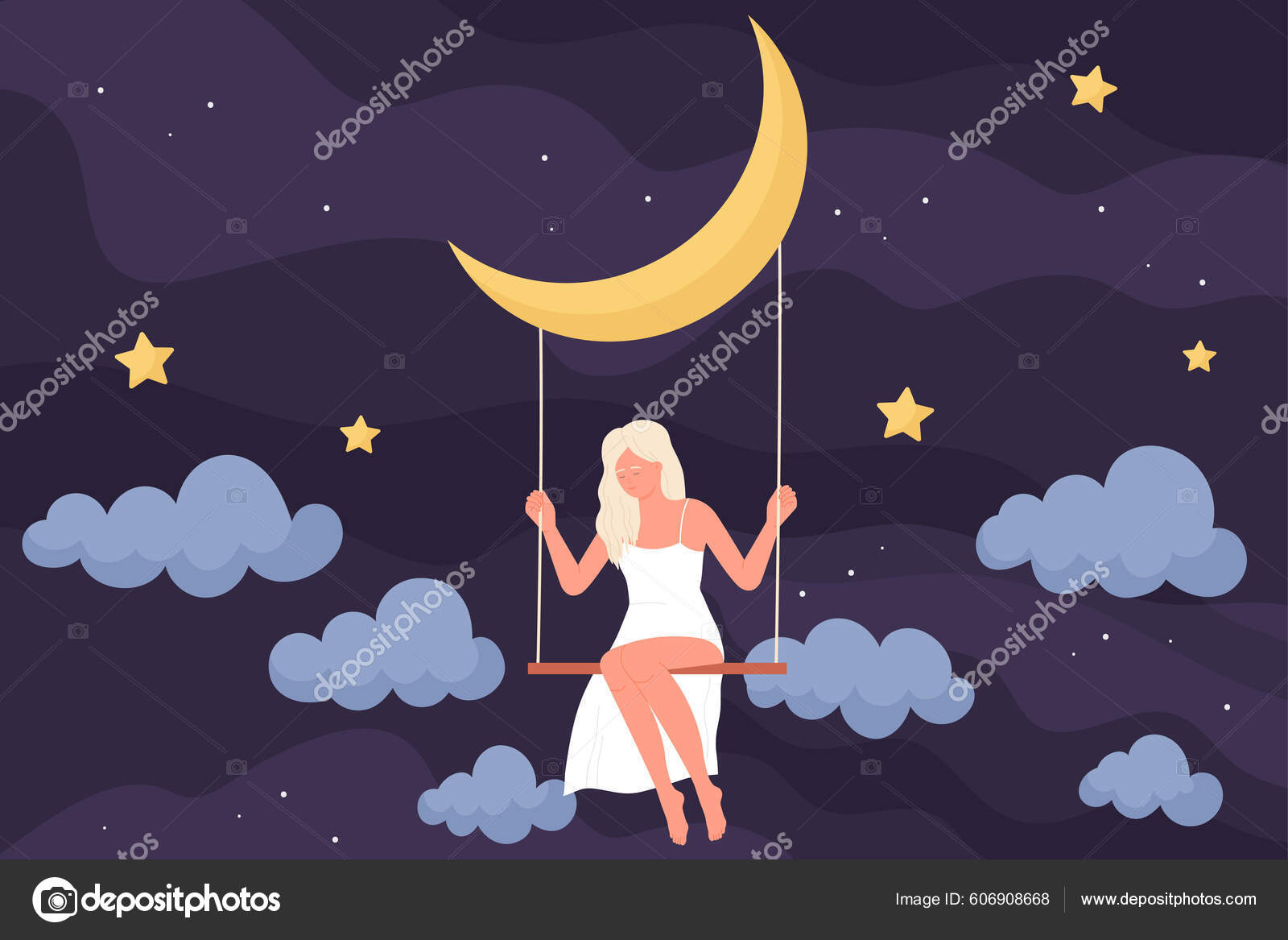 Chica Sentada Columpio Colgando Luna Ilustración Vectorial Noche