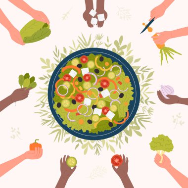 Şeflerin elleri sağlıklı taze malzemelerden vegan salatası pişiriyor. Çizgi filmciler vejetaryen yemekleri pişirir, sebzeleri bıçakla doğrarlar. Sebzeli beslenme, diyet, tarif konsepti