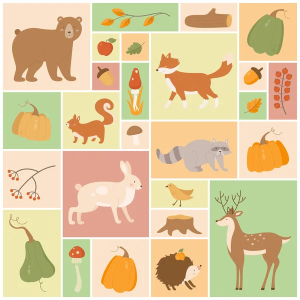 Autunno Set Vettoriale Illustrazione Cartoni Animati Simpatici Personaggi Animali Selvatici — Vettoriale Stock