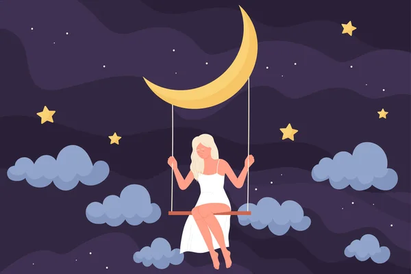 Girl Sitting Swing Hanging Moon Night Vector Illustration Cartoon Young — Stock Vector