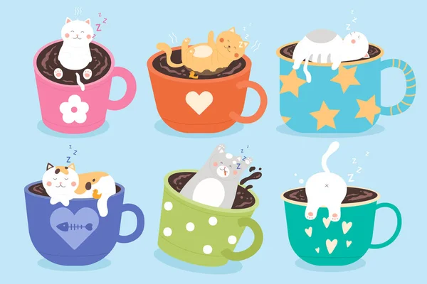 Cute Cats Relax Coffee Tea Cups Set Vector Illustration Cartoon — Stock Vector