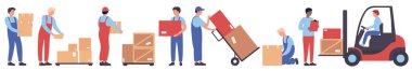 Depo çalışanları vektör çizimi yaptı. Çizgi filmci, kutuları ve paketleri taşımak için forklift kullanıyor. İnsanlar izole edilmiş beyaz malları taşıyıp paketliyor. Lojistik, depolama kavramı