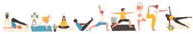Gençlerin yoga çalışmaları vektör illüstrasyonunu belirler. Çizgi filmdeki kadın ve erkek, evde ya da spor salonunda vücutlarını esneterek kapalı alanda izole edilmiş beyazlarla jimnastik yapıyor. Fitness, eğitim konsepti