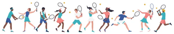 Άνθρωποι Παίζουν Τένις Ενέργειες Των Παικτών Θέτουν Διανυσματική Απεικόνιση Γελοιογραφία — Διανυσματικό Αρχείο