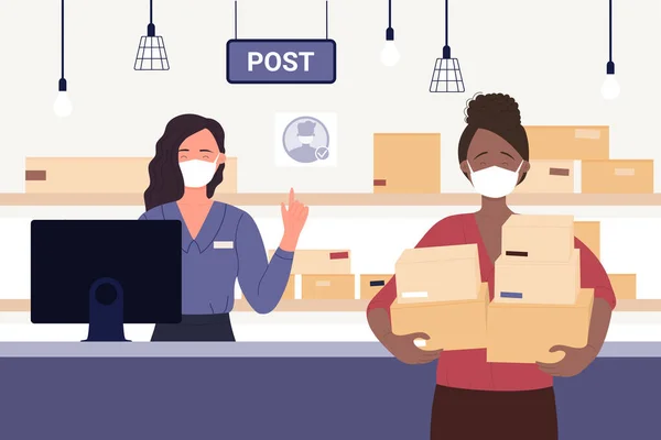 Mujer Pie Recepción Oficina Correos Para Recibir Enviar Paquete Paquetes — Vector de stock