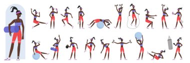 Çizgi filmdeki aktif kadın spor salonunda sağlıklı aerobik egzersizler yapıyor ya da pilates yapıyor, esneme egzersizleri yapıyor. Afrika kökenli siyahi kadın aktif spor eğitmeni ön, yan ve arka görüş vektör ilüstrasyonunda poz verir.