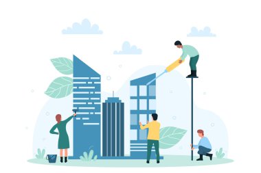 Modern ofis gökdelen vektör çiziminin mimari modelini yapıyor. Çizgi filmdeki küçük mühendisler inşaat ekipmanlarıyla şehir geliştirme üzerinde çalışıyorlar. Mimarlık konsepti