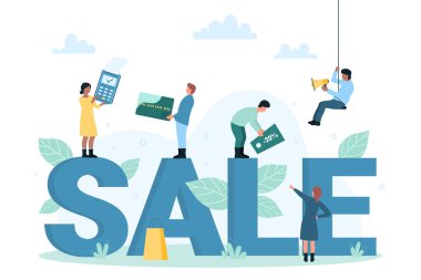 Perakende satış mağazası vektör illüstrasyonunda indirim. Çizgi filmlerde elinde megafon, POS terminali ve kredi kartı olan küçük insanlar, satış sözcüğünün arka planında alışveriş yapan müşteriler.