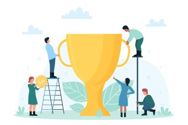 Kazananın ödülü, küçük insanların altın kupası. Şirket başarısını, kalite sonuçlarını ya da rekabetin düz vektör illüstrasyonundaki başarısını kutlayan çalışanlardan oluşan bir çizgi film ekibi. Zafer konsepti