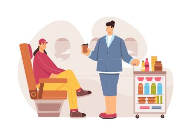 Uçak vektör illüstrasyonunda misafirperverlik hizmeti. Karikatür hostesi elinde kahve ve tramvay tutarken kadın yolculara içki ve yemek servisi yaparken adam pencere kenarında rahat bir koltukta oturuyor.
