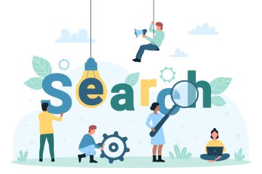 Web araması, analitik ve algoritma vektör çizimi. Çizgi filmlerdeki küçük insanlar arama kartlarında büyüteçten bakıyorlar, kullanıcı karakterleri interneti keşfediyorlar ve web sitesinde bilgi buluyorlar