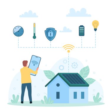 Akıllı ev teknolojisi, IOT yönetim vektör illüstrasyonunun verimliliği. Enerji güç donanımı, elektrik ve erişim, mobil uygulama ile sıcaklık kontrol etmek için akıllı telefon tutan çizgi film adamı