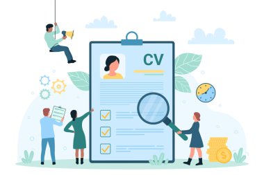 CV araması, profesyonel personel alımı vektör illüstrasyonu. Adaylara büyüteçle bakan çizgi film karakterleri portresi olan kişisel özgeçmişleri, işverenler çalışanları bulur ve seçerler.