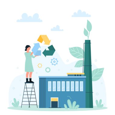 Çevre dostu fabrika, sanayi için yeşil teknoloji ve enerji üretimi vektör illüstrasyonu. Karikatürist kadın elinde doğa ve ekolojiyi kurtarmak için geri dönüşüm levhası tutuyor. Duman bacasında büyüyen yeşil yaprak.