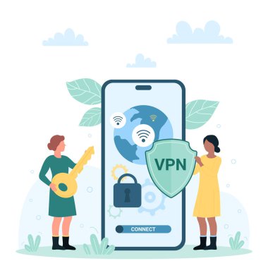 Mobil VPN servisi, veri koruma vektörü illüstrasyonu. VPN işareti ile ekranı ve güvenlik kalkanını kilitlemek için anahtar tutan çizgi film minicik insanlar, akıllı telefon aracılığıyla kamu vekil sunucusuna güvenli bağlantı