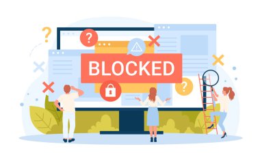 Fidye saldırısı ve kullanıcı hesabı çizimi için siber koruma. Çizgi film, uyarı mesajı ve bilgisayar monitöründe asma kilit olan küçük insanlar için dosyalara erişimi engelledi