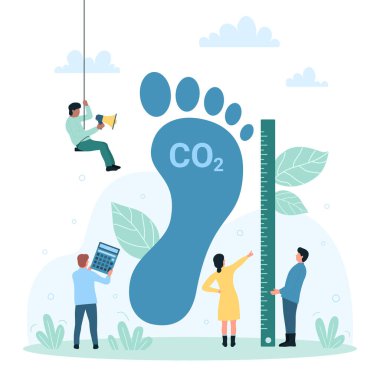 Carbon footprint pollution, environmental effect of greenhouse gas vector illustration. Cartoon tiny people measure big foot of CO2, calculate impact on ecology of planet using calculator and ruler clipart