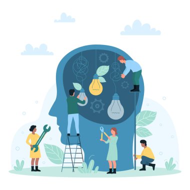 Başarı fikri ve yenilik, beceri geliştirme ve problem çözme vektörü çizimi. Çizgi filmlerdeki küçük insanlar büyük soyut insan kafasının içinde ampullerle çalışıyorlar. Lambayı tamir etmek için aletler tutan insanlar.