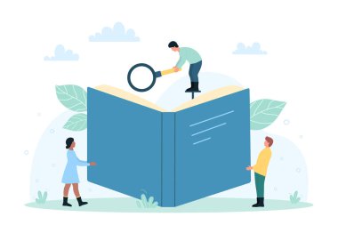 İş analizi, metodoloji ve bilgi vektörü çizimi araştırması. Çizgi filmlerdeki küçük insanlar okumak, çalışmak ve araştırma yapmak için açık kağıt kitap üzerindeki büyüteçten bakıyorlar.