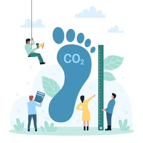 碳足迹污染 环境影响的温室气体病媒说明 卡通人物用计算器和尺子测量二氧化碳的大脚 计算对地球生态的影响 — 图库矢量图片