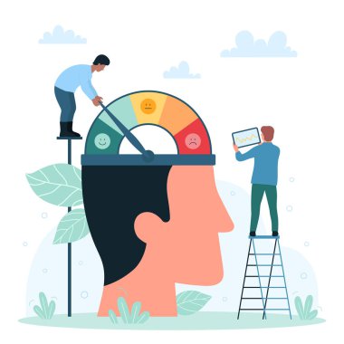 Psikoloji, gerilim yönetimi ve aşırı duygusal yükün kontrolü, aşırı efor gösterme vektör illüstrasyonu. Çizgi filmdeki küçük insanlar hız göstergesinde stres seviyesini insan beynindeki ölçekler ve okla ölçüyorlar.