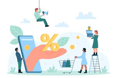 Nakit servis promosyonu, bonus ve indirim kuponu vektör illüstrasyonunda satışlar için. Cep telefonu ekranındaki çizgi filmdeki el, elinde alışveriş çantası ve hediyeler olan küçük insanlara yüzde işareti veriyor.