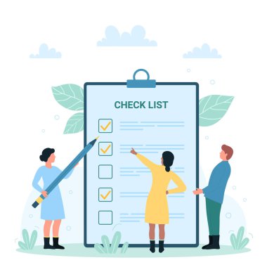 Kontrol listesi, inceleme, inceleme ve belge vektör illüstrasyonunu doldurma. Çizgi filmlerdeki küçük insanlar not kağıdına işaretler koyuyorlar. Liste ile panoya kurşun kalemle yazılmış karakterler.