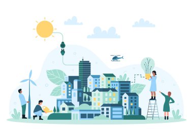 Çevre dostu şehir vektör illüstrasyonu evleri için yeşil enerji. Güneş panelleri, yel değirmeni, gökdelenler ve parklar ile karikatür minimal geometrik şehir manzarası, insanlar elektrik sistemine ampulü bağlıyor