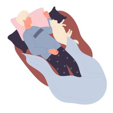 Kedili uyuyan çocuk. Güzel bir evcil hayvanla gece uykusu, rüya adamı çizimi.