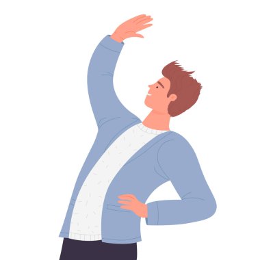 Çalışan eğitim egzersizi. Ofis çalışması, iş yeri vektör illüstrasyonunda esneme molası