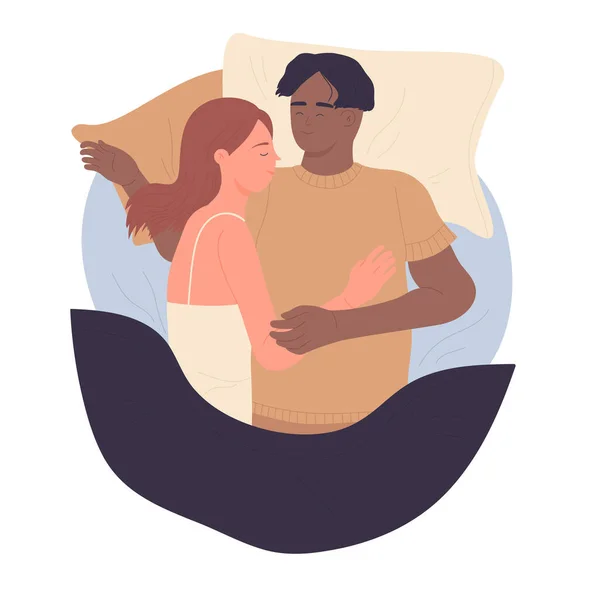 ベッドで寝るカップル 寝室で一緒に夢 就寝時のベクトルイラスト — ストックベクタ