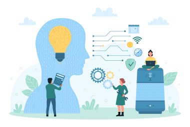 Nesnelerin interneti, yapay zeka teknolojisi ve yazılım vektör çizimi. Hoparlörleri ve ses asistanını kullanarak insan kafasındaki ampulleri ve teknolojiyi kontrol eden çizgi film karakterleri.