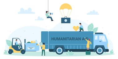 Yardım organizasyonu vektör illüstrasyonunun teslimatı ve lojistiği. Çizgi filmlerdeki küçük insanlar insani yardımları kamyona yüklüyor, gönüllüler bağış kutularını yükleyiciye yüklüyor ve paraşütle kamyonete iniyor.