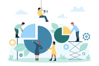 Turta grafiklerinin iş analizi, finansal veri yönetimi vektör illüstrasyonu. Çizgi filmlerdeki küçük insanlar grafik raporlarını tutuyorlar, istatistik şemaları oluşturuyorlar. Yazılım, bilgi, istatistik kavramı
