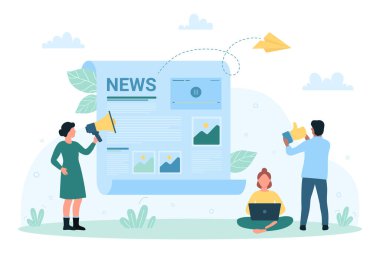Haber kampanyası, gazete, blog ve haber vektörü illüstrasyonu. Çizgi filmlerdeki küçük insanlar megafonla yüksek sesle mesaj atıyorlar, karakterler bilgiye ve hoparlörlerle tanıtıma daha çok dikkat ediyorlar.