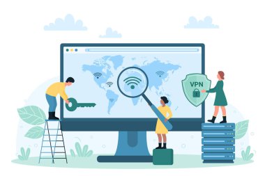 VPN servis vektör illüstrasyonu. Sanal dünya haritasında güvenli vekil sunucuyu aramak için elinde büyüteç olan çizgi film küçük insanlar bilgisayar monitöründe, IP bağlantısı güvenliği ve erişimin mahremiyeti