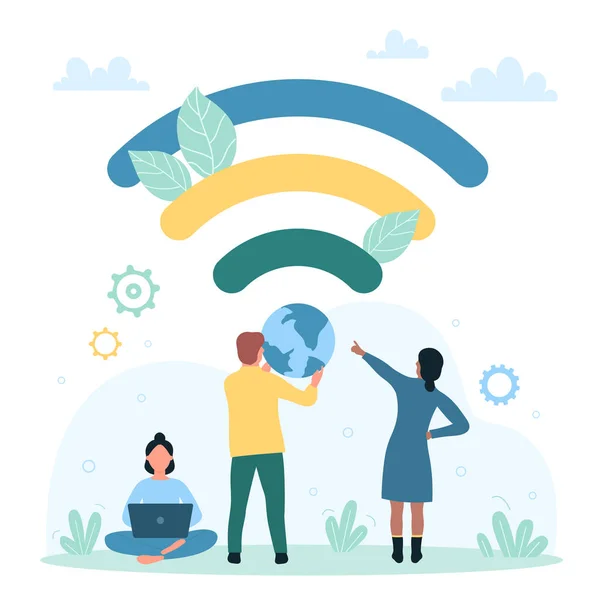 Wifi Σύνδεση Και Δημόσια Αξιολόγηση Διανυσματική Απεικόνιση Cartoon Μικροσκοπικά Άτομα — Διανυσματικό Αρχείο