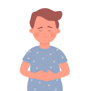 Hasta çocuk karnını tutuyor. Mide hastalığı, bağırsak rahatsızlığı vektör çizimi