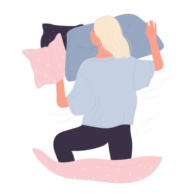 Yatakta yalnız uyuyan bir kadın. Pijama giyme, gece vakti, rüya durumundaki durum çizimi