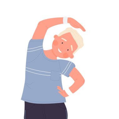 Küçük çocuk spor yapıyor. Çocuk fitness aktivitesi, vücut şekli vektör illüstrasyonunu koru