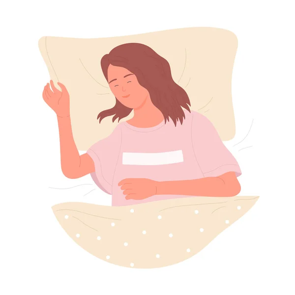 Mosolygó Alvó Lány Alszik Hálószobában Ágy Álmodozás Idő Vektor Illusztráció — Stock Vector