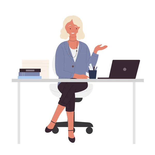 Smiling Woman Teacher Sitting Table School Professor Workplace Vector Illustration — Stock Vector